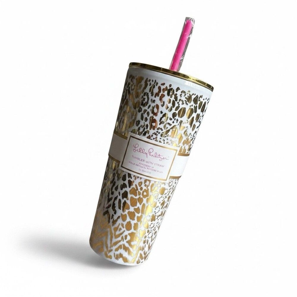 Lilly Pulitzer “Gold Metallic Pattern Play” Tumbler & Straw  NEW 24 Ounce